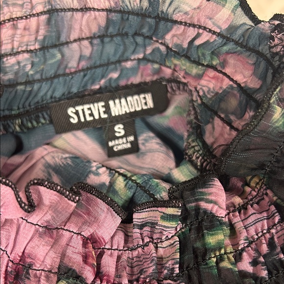 Steve Madden Pink and Black Floral Smocked Ruffle Neck Blouse - Picture 8 of 8